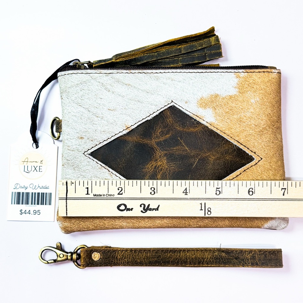 Hair On Hide Leather Wristlet Cowhide Clutch Western Ranch Rustic Brown/White - Picture 4 of 5